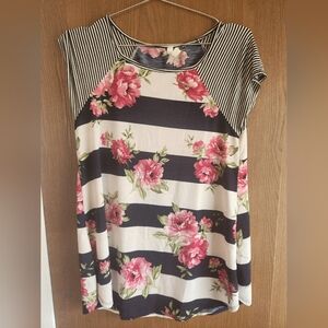 Emerald Black and Pink Floral Striped Top